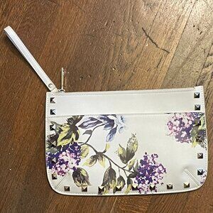 WHBM White floral Hydrangea faux leather wristlet
